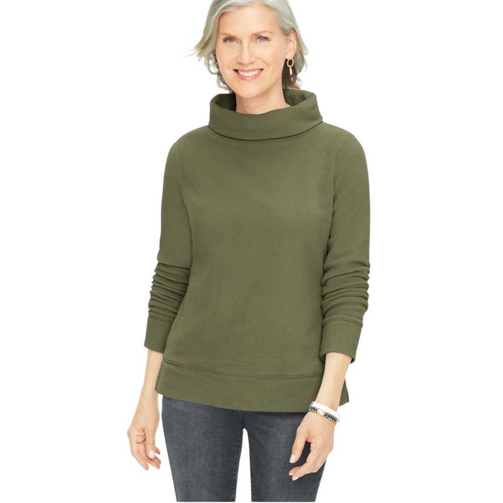 Talbots Lux Soft Microfleece Funnel Neck Pullover Top Olive Green Lounge Cozy